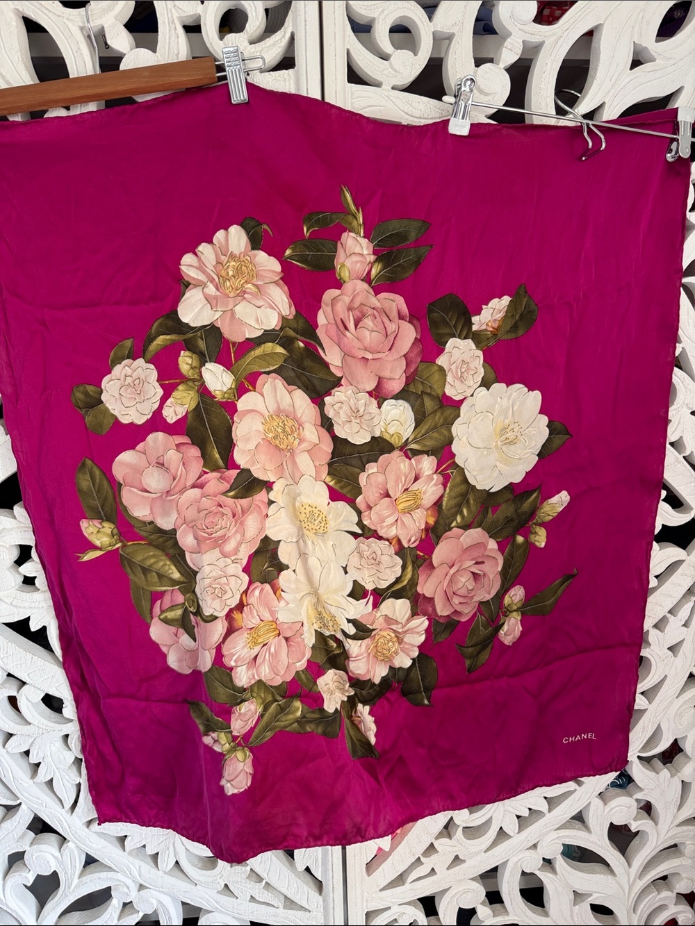Vintage Chanel Camellia Silk Scarf — Magenta Floral Print